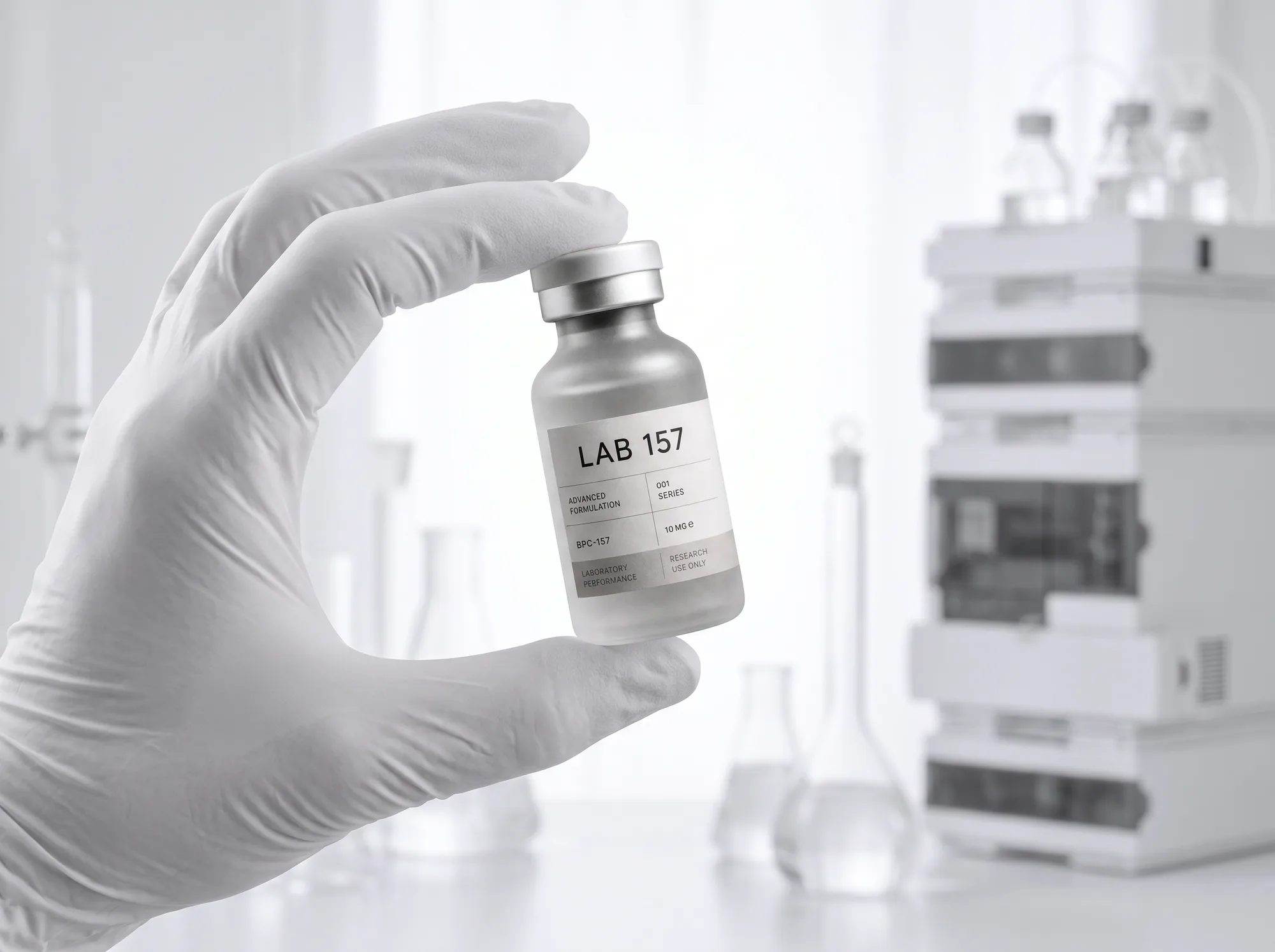 Gloved hands inspecting a LAB—157 vial in the laboratory